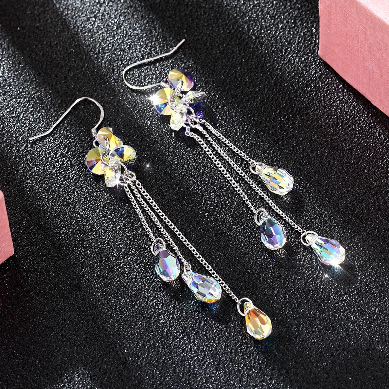 BKBK Shiny AB Color Teardrop Crystal Multi-Layer Long Tassel Chain Silver Hook Dangle Women Earrings Wedding Earrings for Christmas Valentine 4th of July Glam Bridal Jewelry for Brides Bridesmaids Adult Ladies Prom Evening Occasion