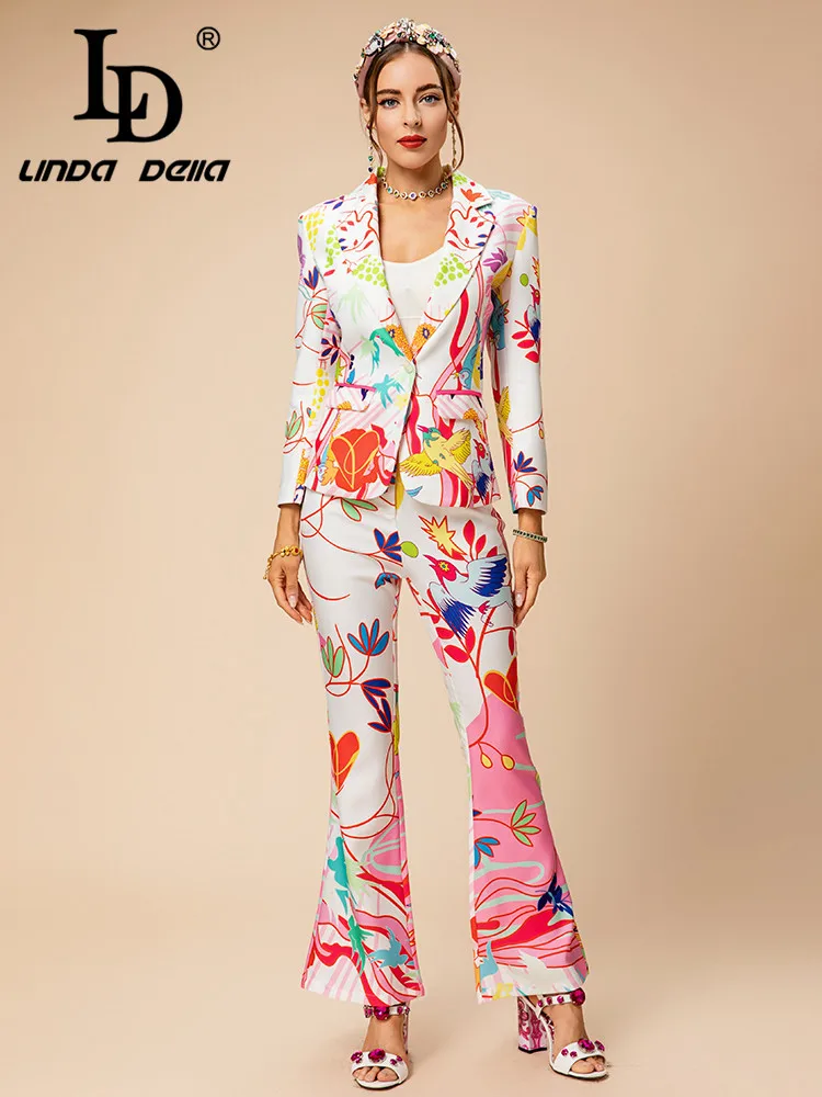 LD LINDA DELLA New Style Fashion Designer Elegant Set Women's Lapel Print Pockets Top+Button Straight Trouser 2 Pieces Set