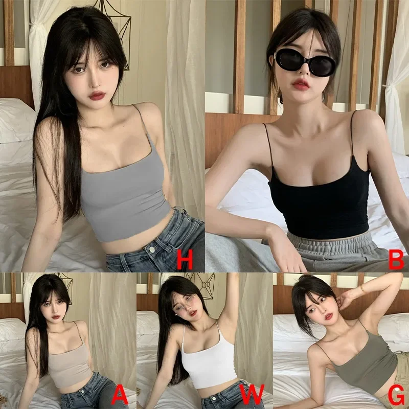 Summer Suspender with Chest Pad Women Vest Short Bottom Outer Inner Wear Solid Colour Camisole All Match Sexy Girl Streetwear