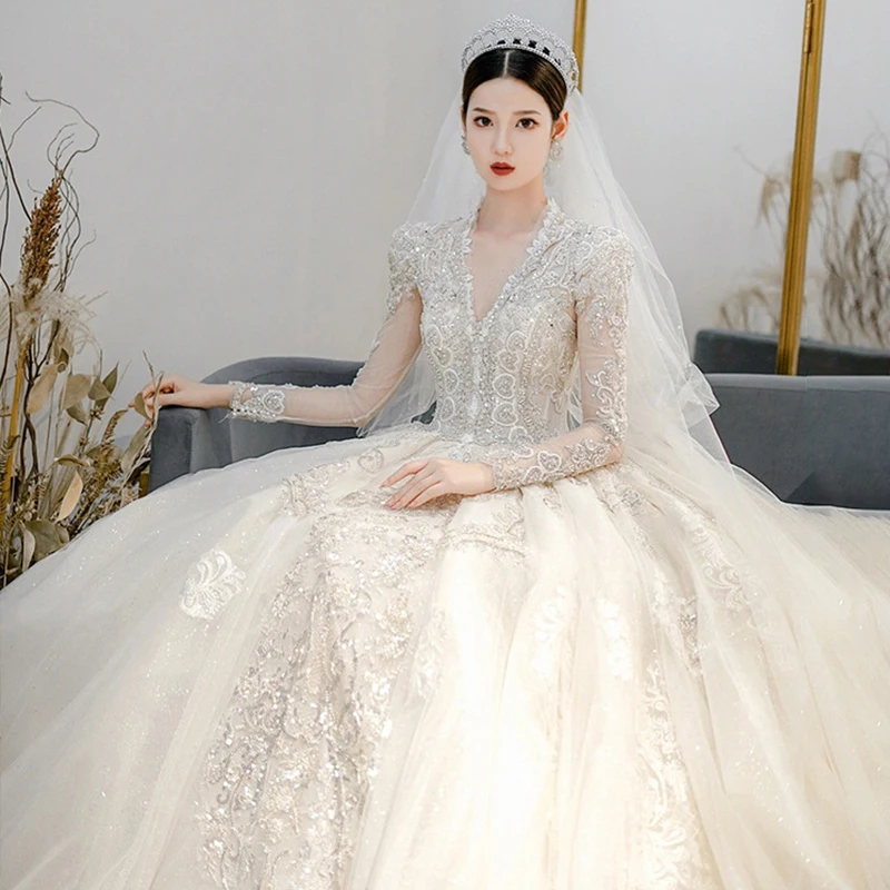 Vestido de novia francés de lujo con lentejuelas blancas para mujer, elegante, Sexy, Delgado, manga abullonada, largo, fiesta de graduación