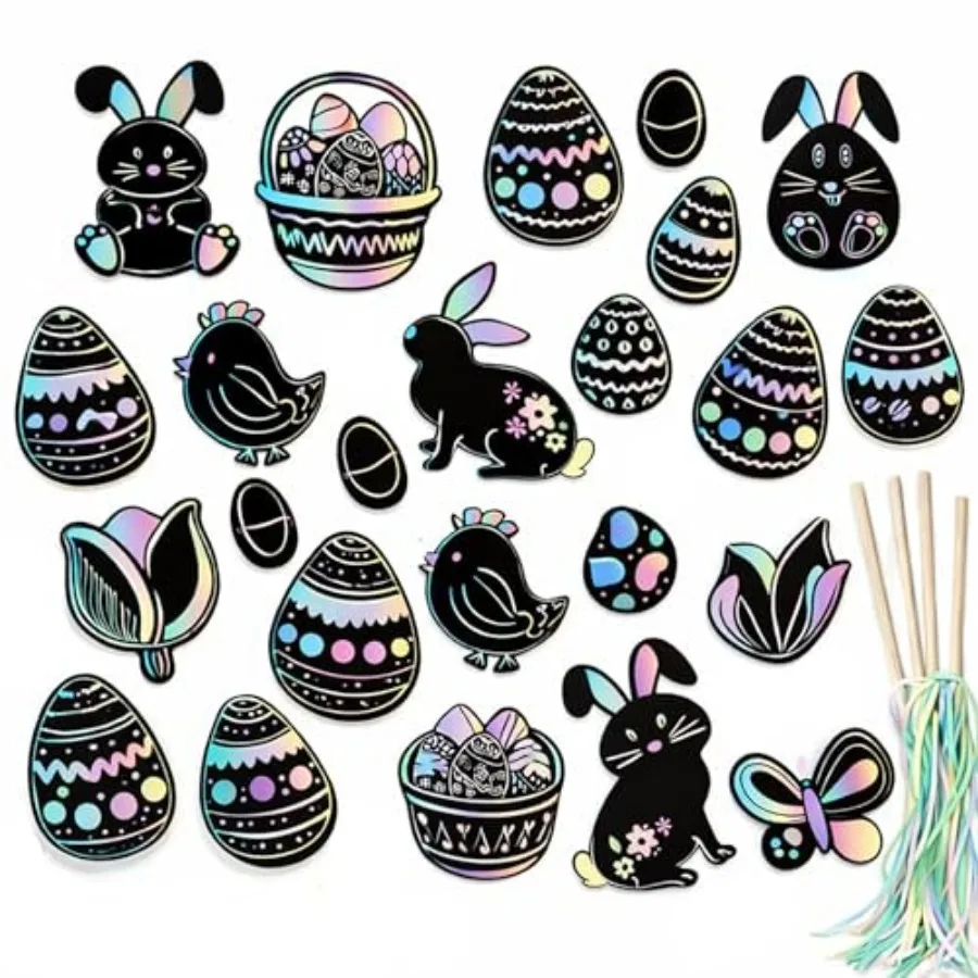 48-Count Easter Scratch Paper Ornaments, Art and Craft Bulk Pack with 24 Sticks Pastel Colored Underlayer