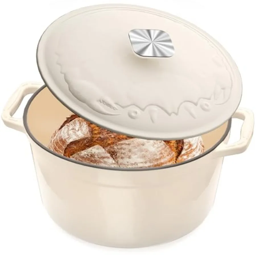 

Эмалированная чугунная жаровня (голландская печь) 5QT с крышкой в форме краба, увеличенной ручкой и эргономичными ручками - Прочная посуда для приготовления пищи