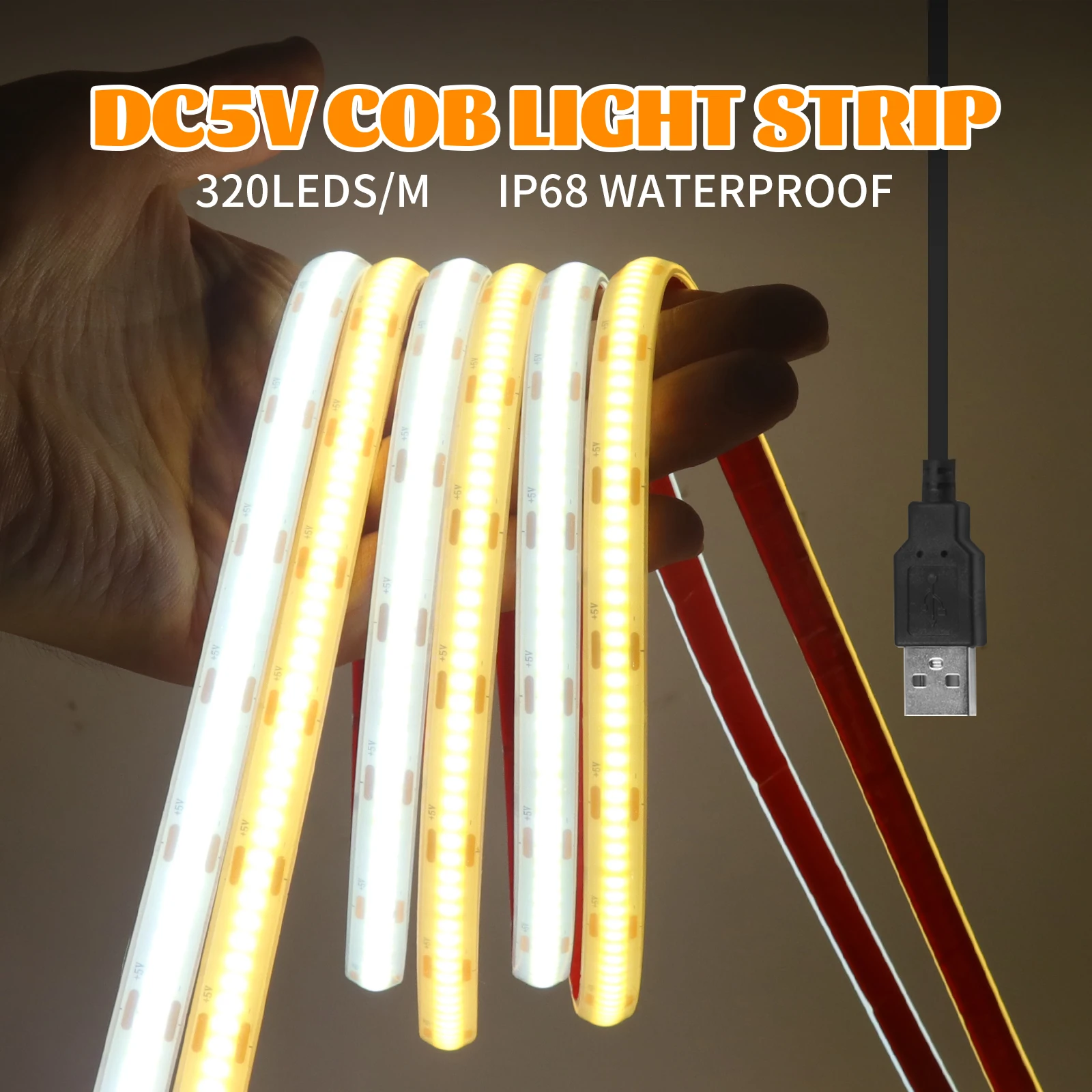 

Dimmerable COB Strip DC5V USB 320 LEDs/m IP68 Waterproof High Density Flexible LED Tape RA90 FOB LED Light 3000K 4000K 6000K