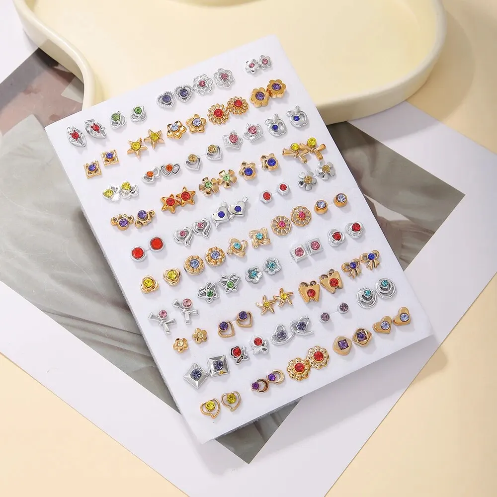 Exquiste 50Pairs/Lot Colorful Rhinestone Geometric Resin Stud Earrings For Women Girls Love Heart Mini Small Dailylife Jewelry