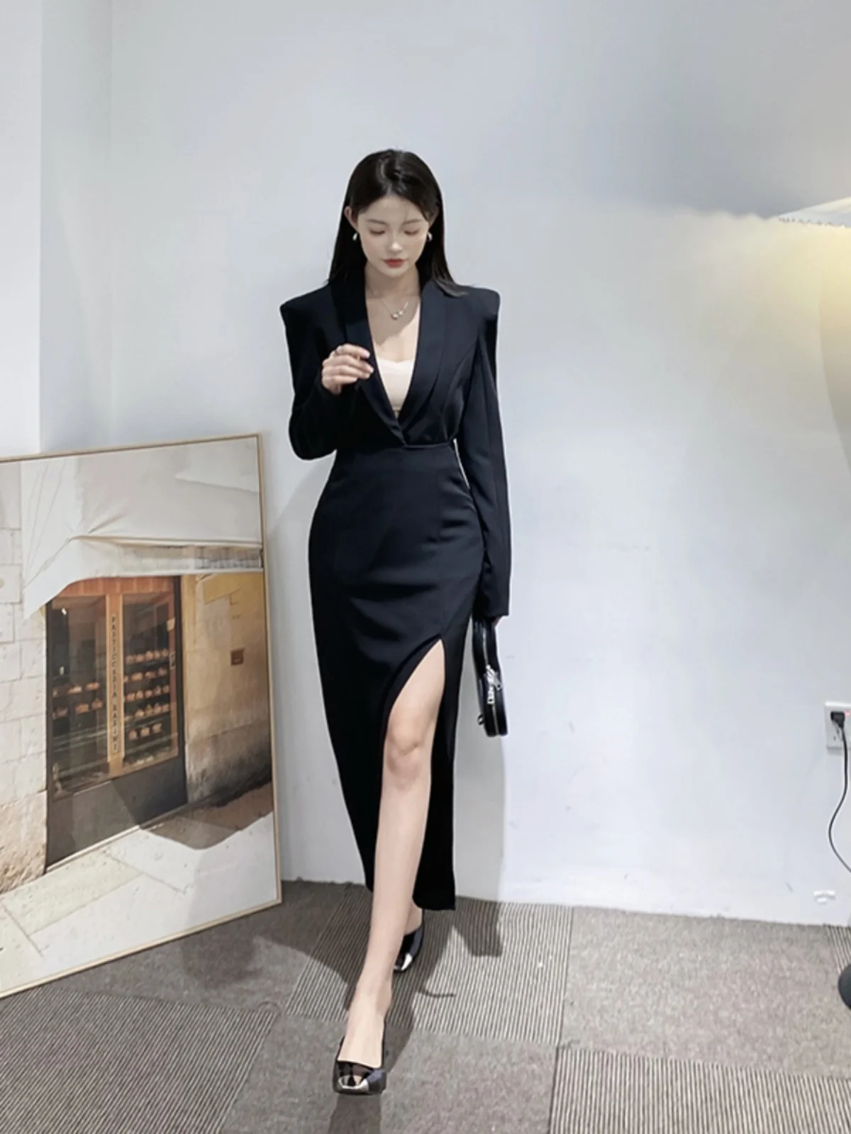 

Chic Workwear Suit Skirt Set Long Two-Piece Ensemble Shoulder Pad Design Mid-Length Wrap Body Skirt Spring New Style