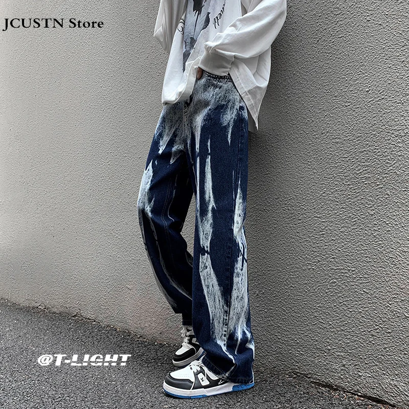 Men Tie Dye Jeans Baggy Elastic Waist Trousers Straight High Street Pants Male Punk Cool Streetwear Diablo Style Denim Pants