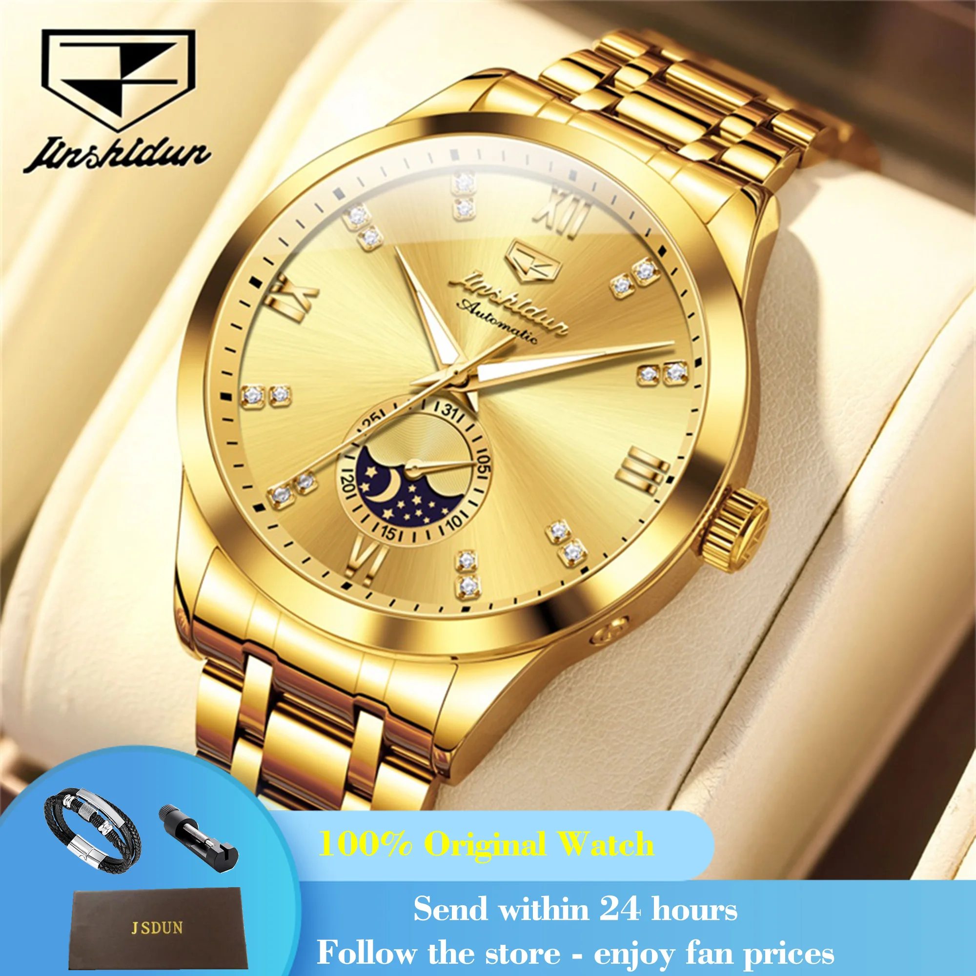 

JSDUN 8969 Men's Watch Moon Phase Date Mechanical Watch For Men Original Diamond Scale Business Male Wristwatch Waterproof