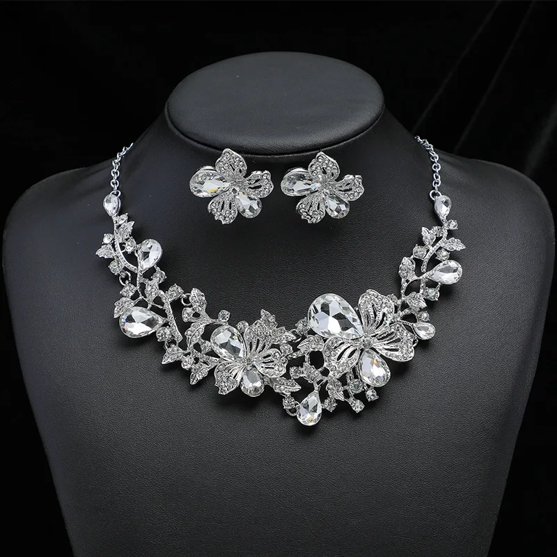 Hot selling luxury retro necklace earring set with colorful flower crystal bride necklace dress accessories collarbone chain