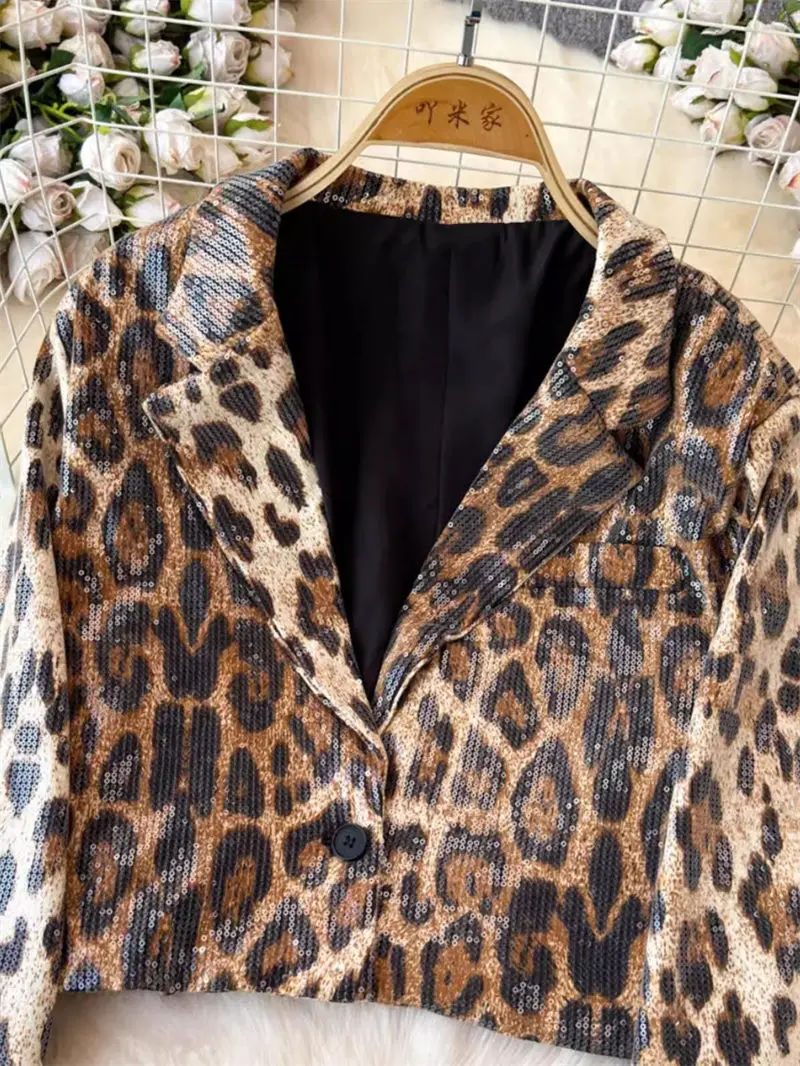 Chaqueta corta con estampado de leopardo para mujer, abrigo de traje de manga larga, versátil, ajustado, coreano, británico, K1949, primavera y otoño, 2024