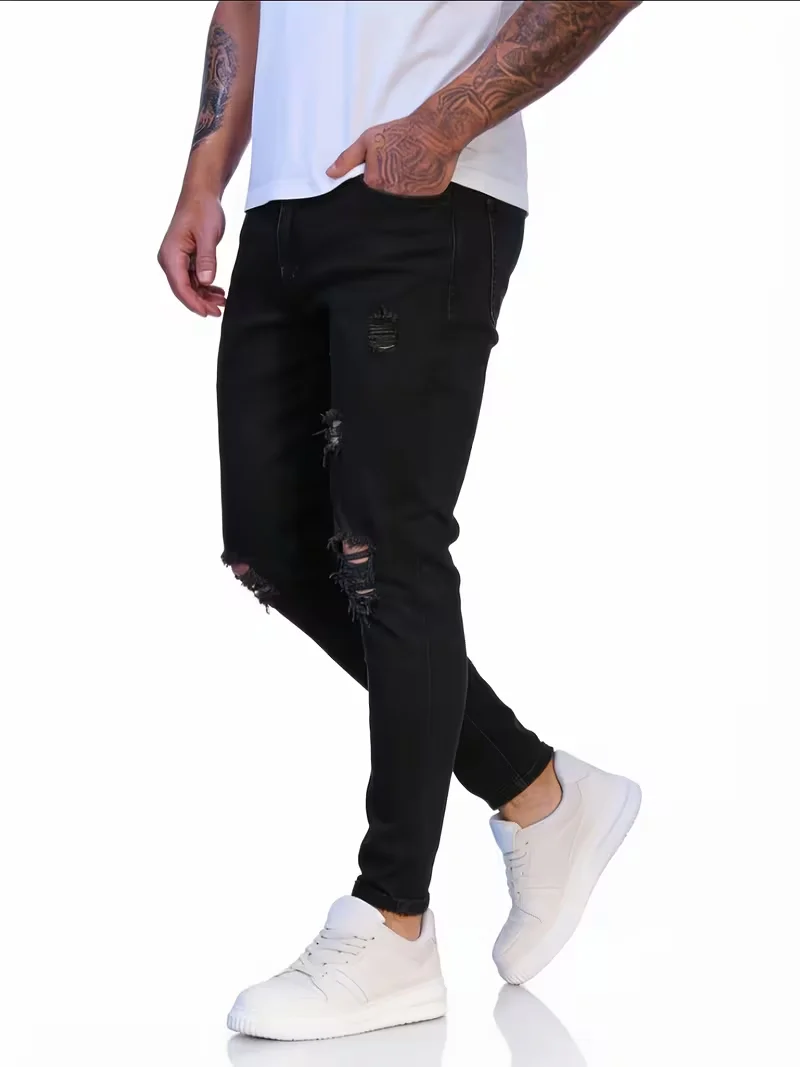 Men'S Black Skinny Ripped Jeans, Stretchy Fitted Denim Pants, Trendy Distressed Street Casual Trousers, Suitable for All Seasons