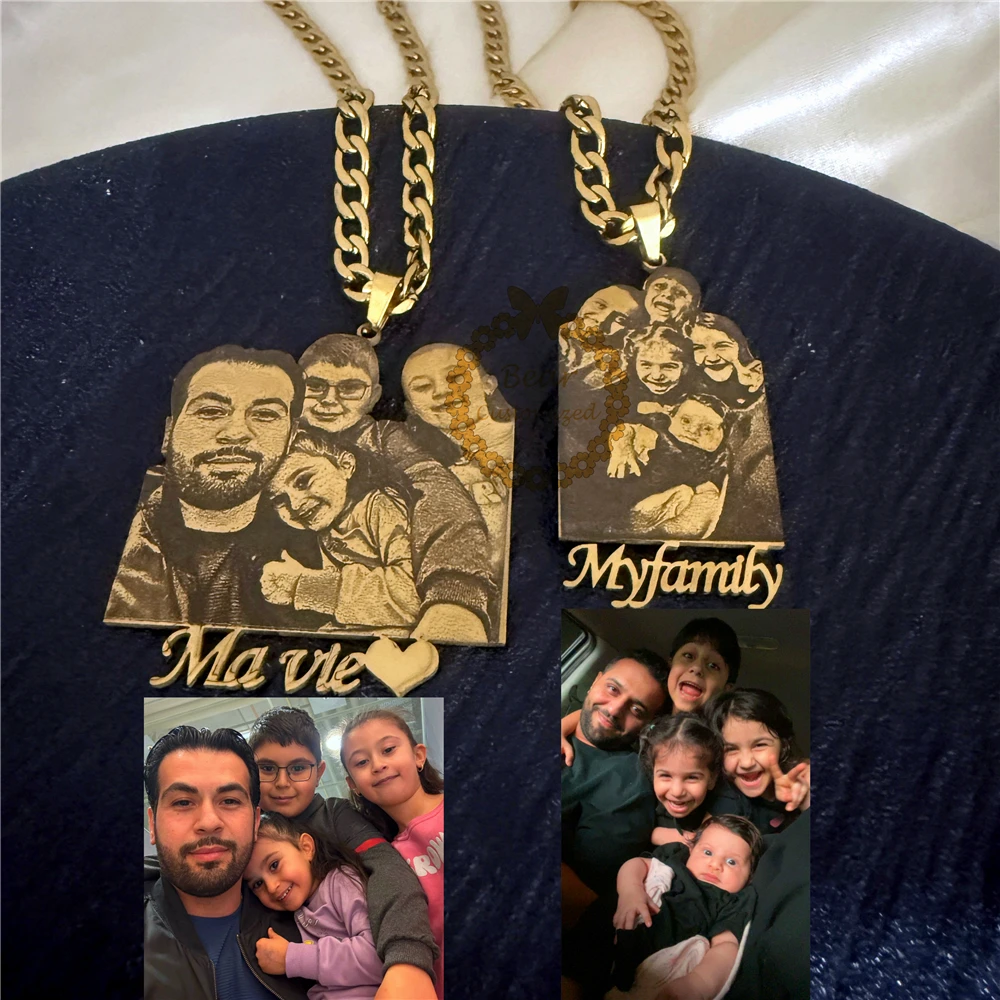 Custom Nameplate Necklace with Engraved Portrait - Personalized Photo Jewelry for Family Custom Photo & Portrait Design