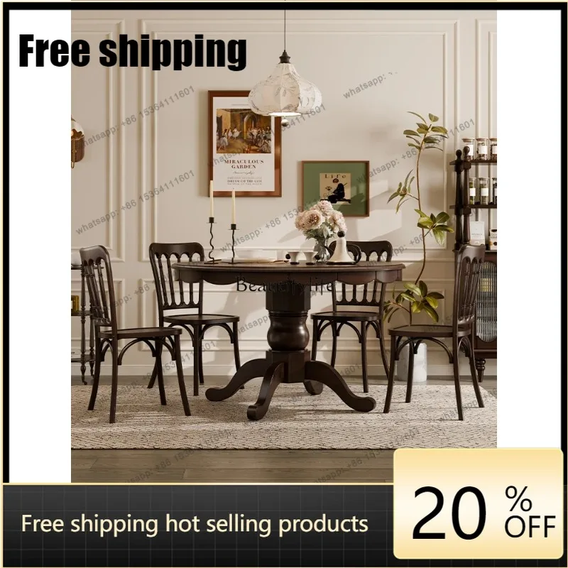 HJ Retro dining table solid wood petals round home eating large table chairs French simple medium-sized home new