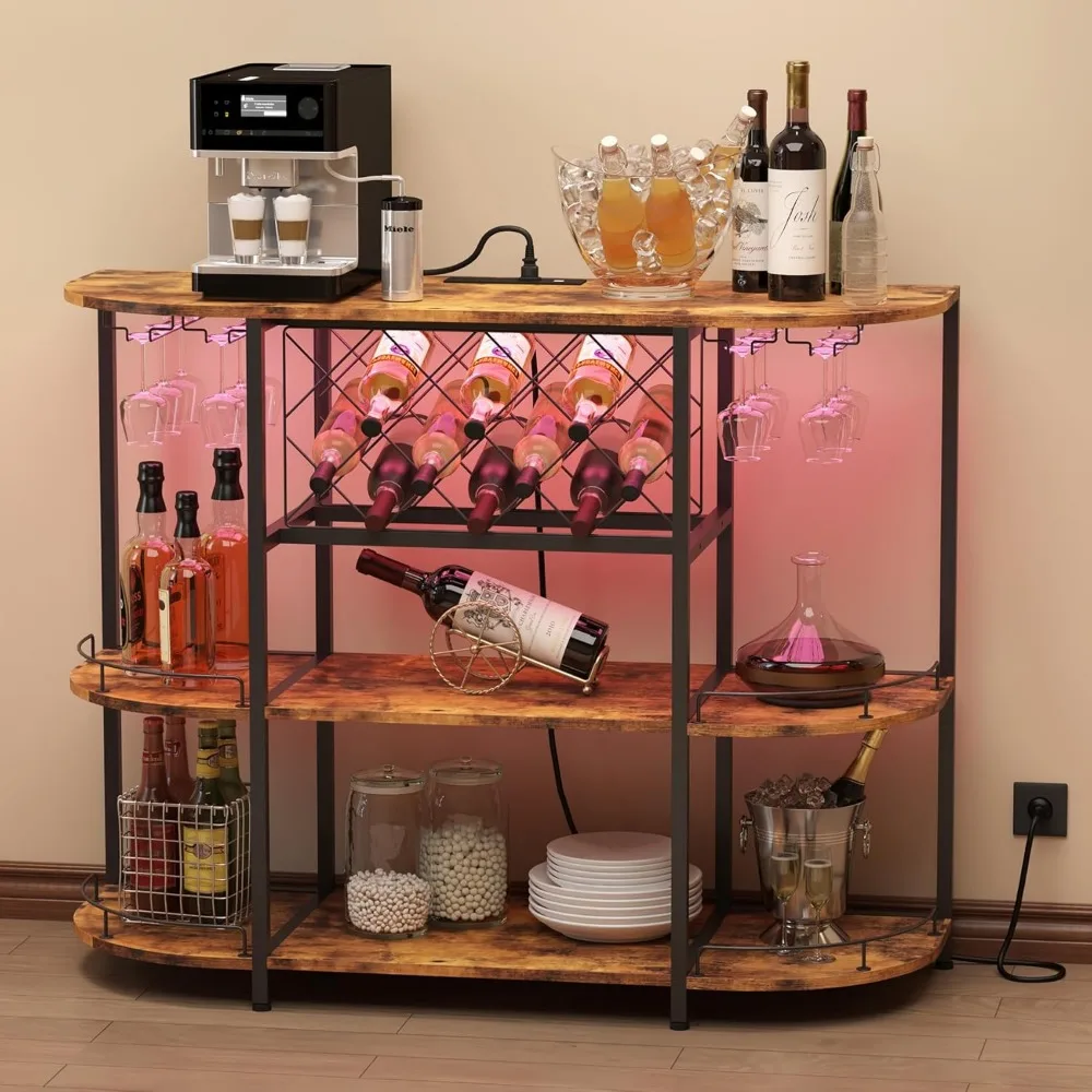 Wine Cabinet Coffee Table with Power Socket and LED Light, Three Tiers Coffee Bar Table Wine Rack Liqour Bar with Large Storage