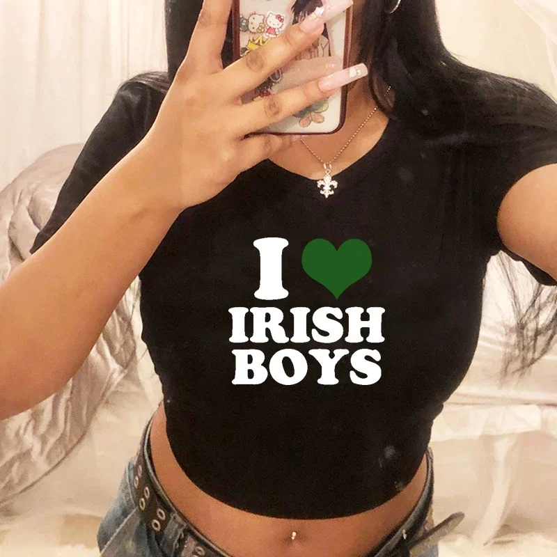 I Love Irish Boys Hip Hop Graphic Women Cropped Tops Harajuku Kawaii Clothes 2000s Y2k Baby Tee Fashion T Shirt Female Crop Top