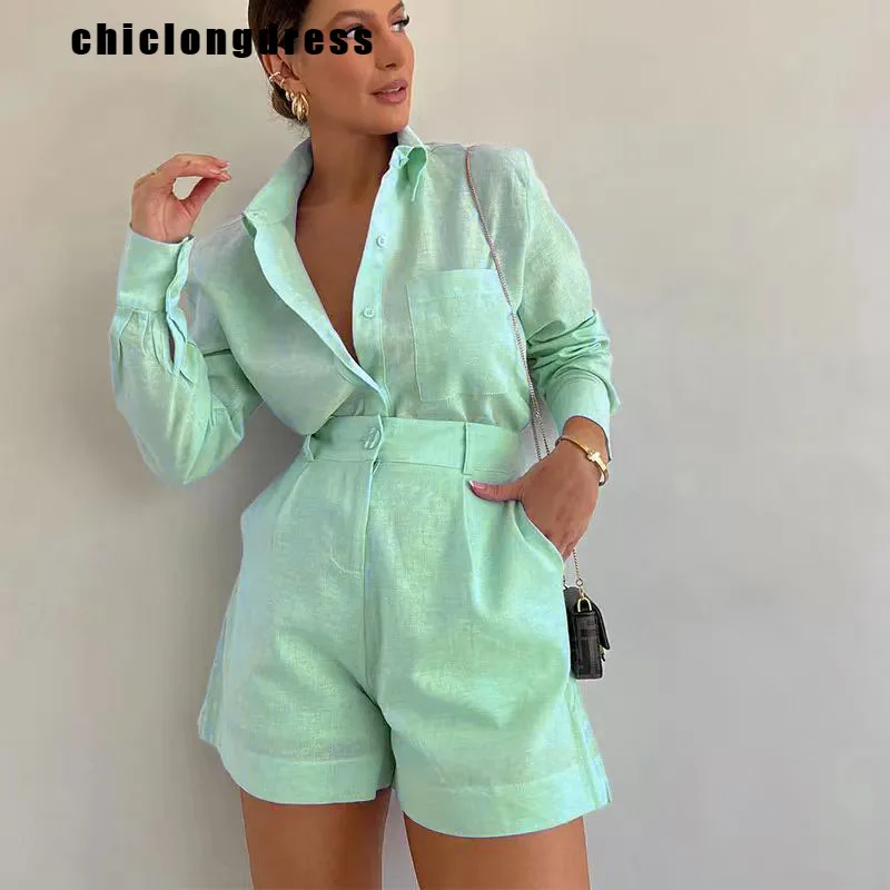 Summer Fashion Shirt Two Piece Set Women Casual Button Up Shirt Shorts Two Piece Set Women