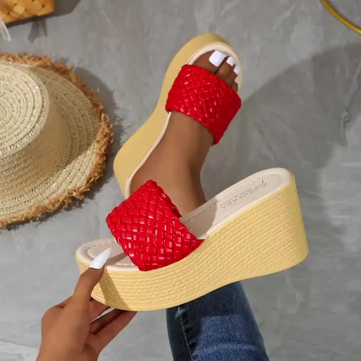 

House Slippers Platform Shoes Slides Women Heels Low On A Wedge Fashion Pantofle High Summer Soft Luxury 2025 PU Fabric Concise