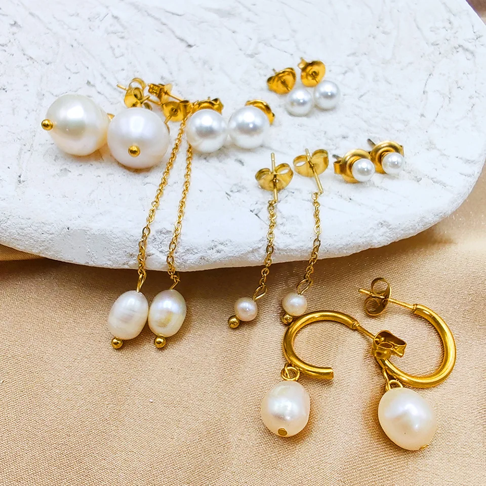

St-Delan Stainless Steel Pearl Earrings for Women Dainty Freshwater Pearl Drop Dangle Hoop Stud Earrings Jewelry