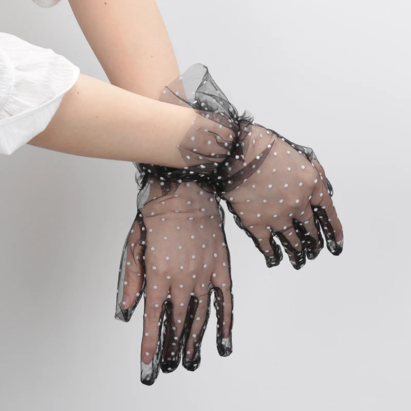 Women Short Lace Gloves Black Lotus Leaf Sheers Stretchy Gloves Ladies Accessories Full Finger Dot Tulle Breathable Mittens