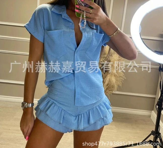 Two Piece Set Women Outfit 2024 Summer Casual Turn-Down Collar Short Sleeved Shirt Top & Ruffled High Waist Daily Shorts Set