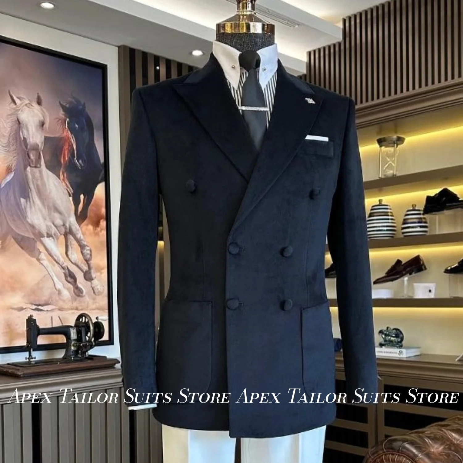 Elegant Men 2 Pieces Suit Navy Suede Double Breasted Peak Lapel Blazer White Trousers Suit Interview Wedding Party Outfit