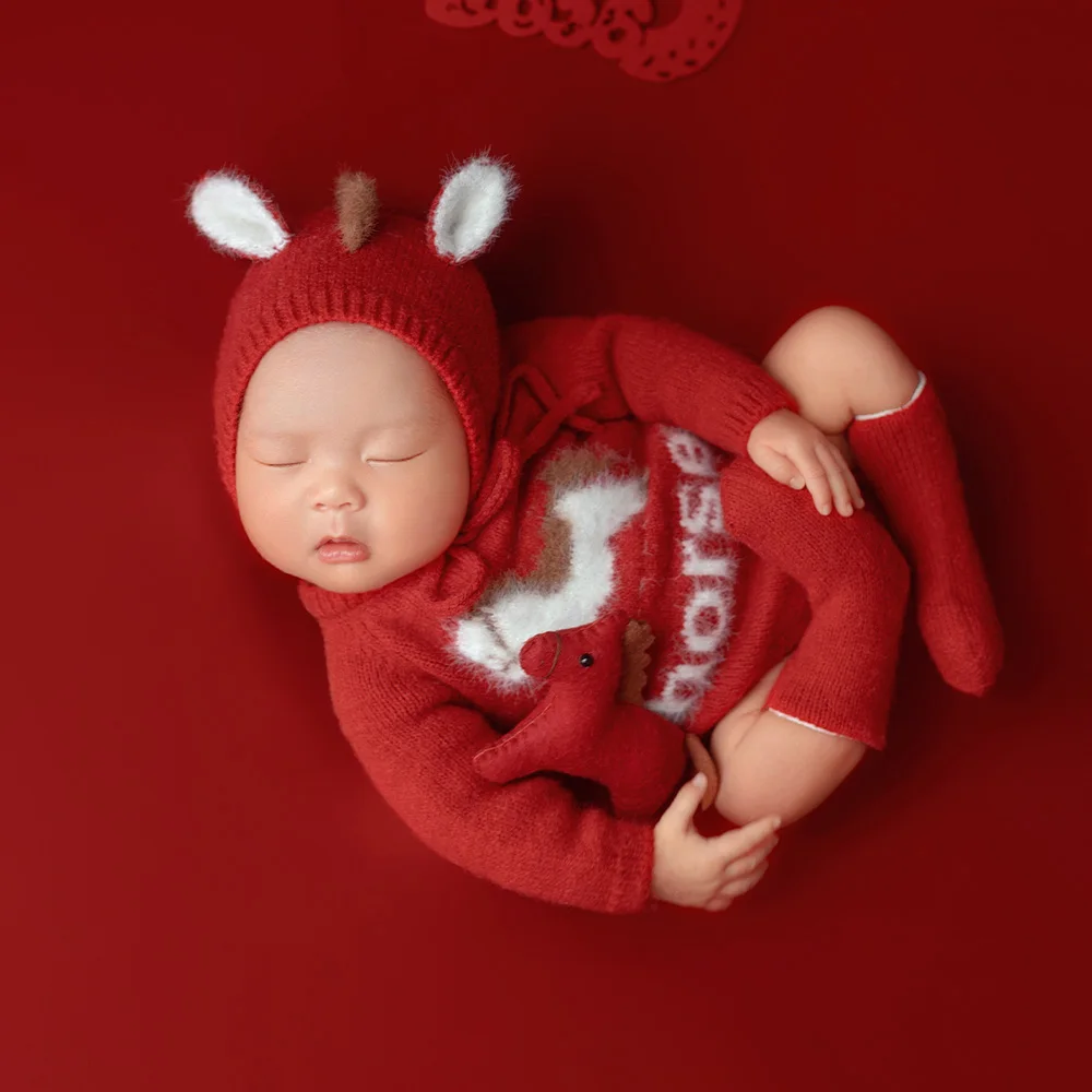 Pakaian Fotografi Bayi Baru Lahir Bertema Kuda, Set Romper Rajut Merah dengan Topi Bertelinga, Kostum Foto Studio Bertema Kuda
