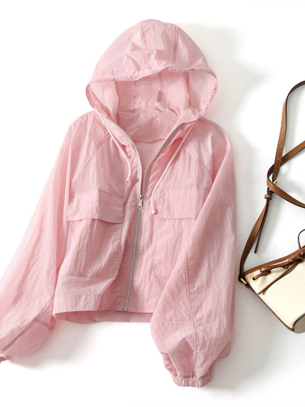 

Sporty Stand Collar Women's Summer Thin Long Sleeve Sun Protection Coat Drawstring Zipper Short Length Fashion Outerwear