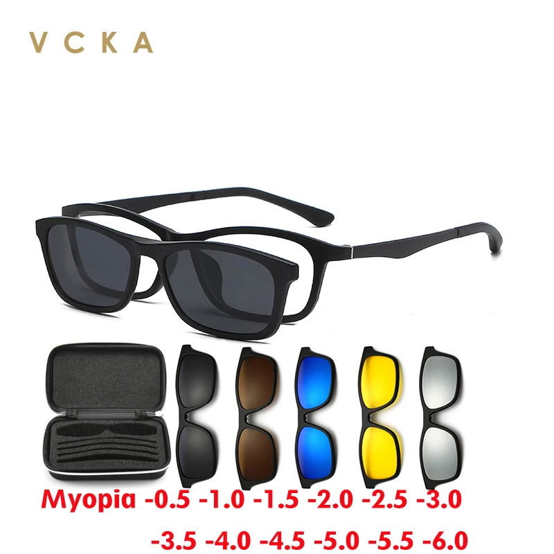 VCKA Men Myopia Polarized Sunglasses Women 6 In 1 Magnetic Clip On Glasses TR90 Optical Prescription Eyewear Frames -0.5To -6.0