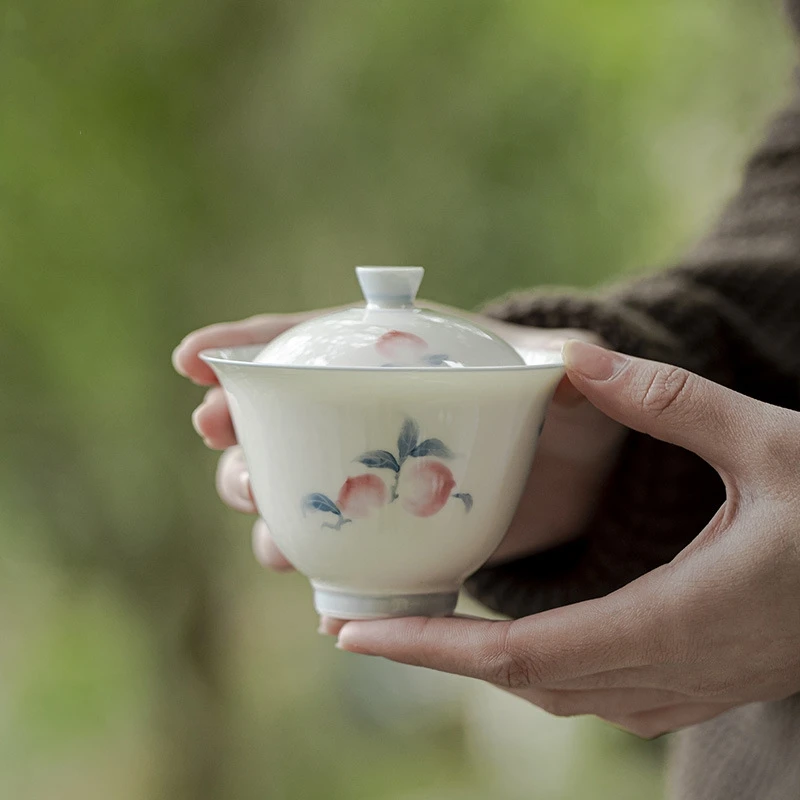 

Hand Painted Peach Jade Porcelain Gaiwan Chinese Tureen White Tea Bowl Kung Fu Tea Chawan Lily Deng's Store