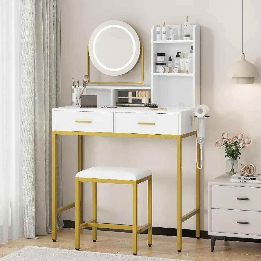 GAOMON Rotating Mirror Vanity Desk with Adjustable Light Power Outlet Makeup Desk with 2 Drawers, Storage Shelves Stool 3-Color