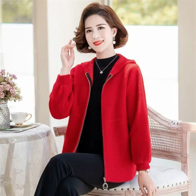 

2025 Women Long Sleeves Sweater Outwear Autumn Winter Lady Leisure Imitation Mink Fur Coat Korean Female Hooded Cardigan Jacket