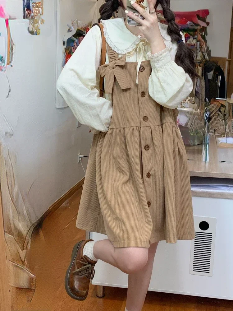 Preppy Style Matching Sets Peter Pan Collar Puff Sleeve Shirts Bow Patchwork Tank Dress Summer Sweet Design Women Clothing 2024