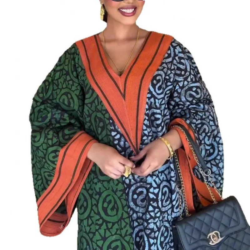 

2025 New Fashion Printed V-neck Long Sleeve Dress Women Autumn Casual Loose Retro Bohemian Vacation Long Dresses For Women