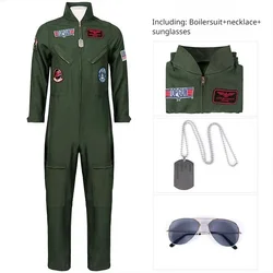 American Airforce Uniform Bodysuit Kids Adults Halloween Top Gun Cosplay Costume Army Green Military Pilot Jumpsuit With Glasses