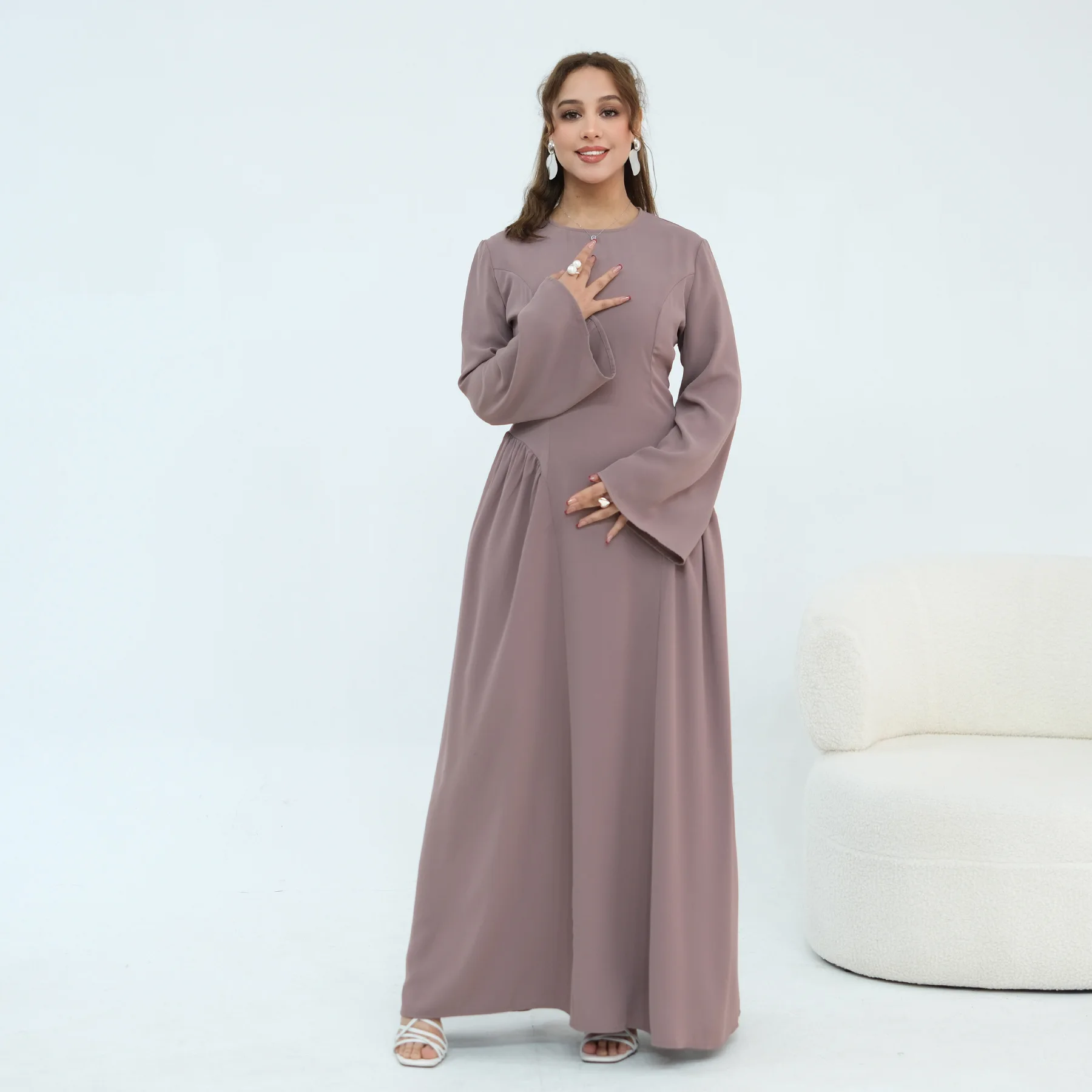 

Women Long Sleeve Lace Up Back Dress Dubai Abaya Turkey Kaftan Ramadan Caftan Marocain Femme Robe Eid Islam Clothing Vestidos