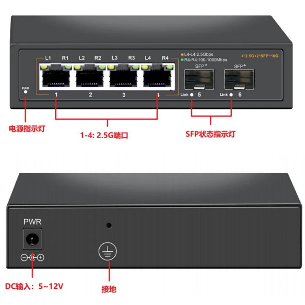 2.5Gbps Ethernet Switch 4 Port 2500Mbps Network Switcher 2 Port 10G SFP+ Slot Home Lab Hub Internet Splitter Plug and Play