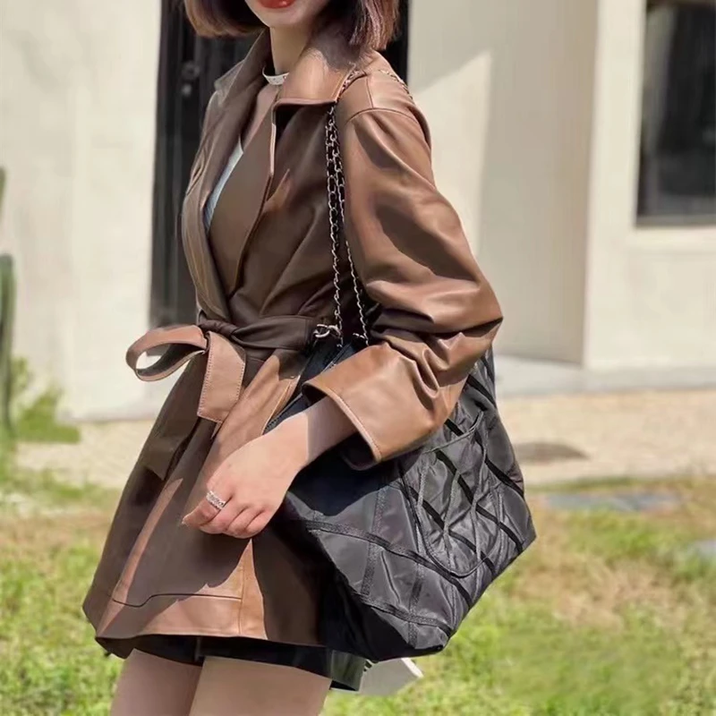 Spring Autumn Belt Real Leather Trench Coat Women Lambskin Lady Loose Outerwear