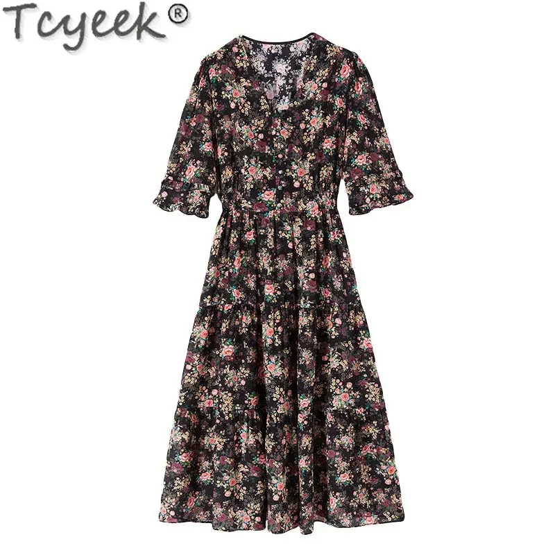 Imagem -05 - Tcyeek Vestido Elegante para Mulheres Verão Vestido Floral 2023 Heavypeso 100 Mulberry Seda Roupas Francês Mulheres Vestidos Vestido Mujer