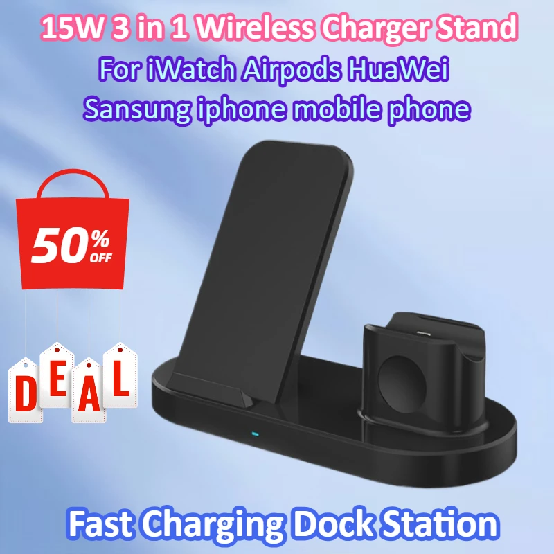 

15W 3 in 1 Wireless Charger Stand for Iphone 15 14 13 12 8 X XR Apple Watch 8 7 6 IWatch Airprods Pro Fast Charging Dock Station