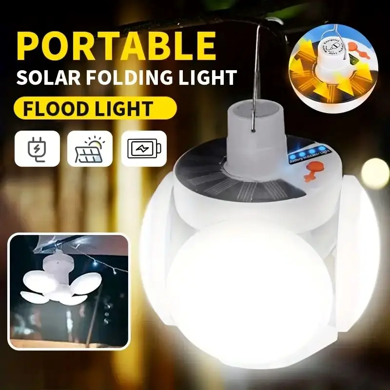 Rechargeable Camping Light with Hook LED Solar Emergency Light Foldable Bulb USB Charging Suitable for Tent Hiking Hurricane