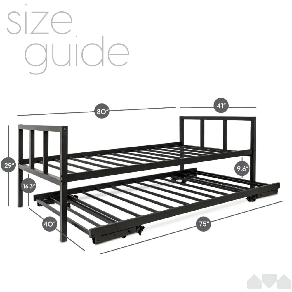 Twin Daybed and Fold- Up Trundle Set, Daybed with Pop Up Trundle, Black Frame - Mattresses Sold Separately