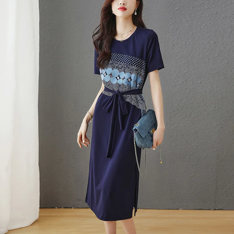 Elegant Patchwork Dress for Women, O-Neck T-Shirt, Short Sleeve, Belt, Slim Female Dresses, Navy Blue,  Summer, New, 202