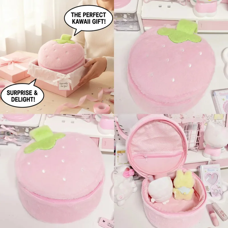 

Kawaii Strawberry Plush Cosmetic Bag Women Round Makeup Handbag High Capacity Travel Toiletry Storage Bag Cute Gifts Backpacks