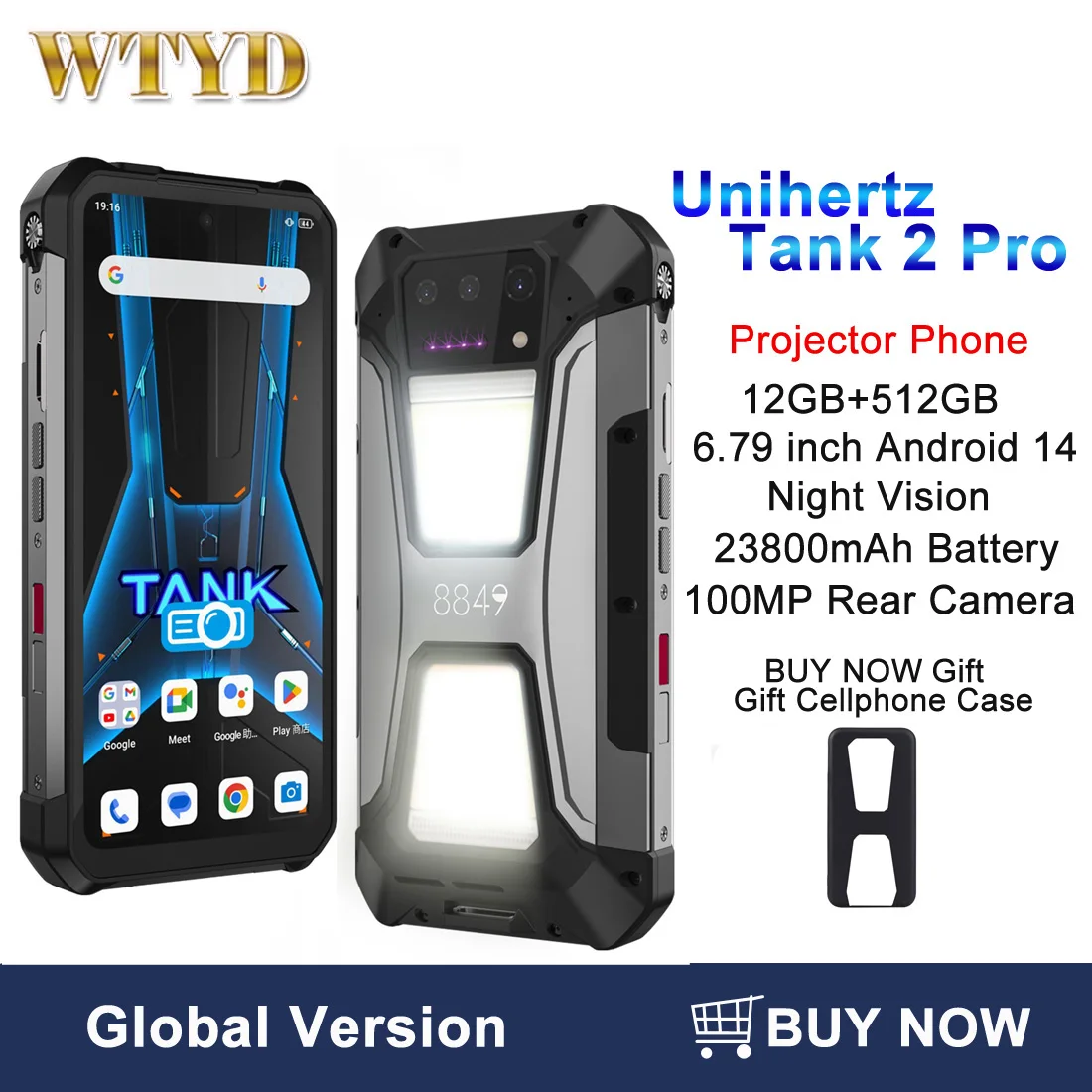 Unihertz 8849 Tank 2 Pro Teléfono resistente 12GB+512GB Visión nocturna 6,79" FHD Android 14 23800mAh 4G Smartphone