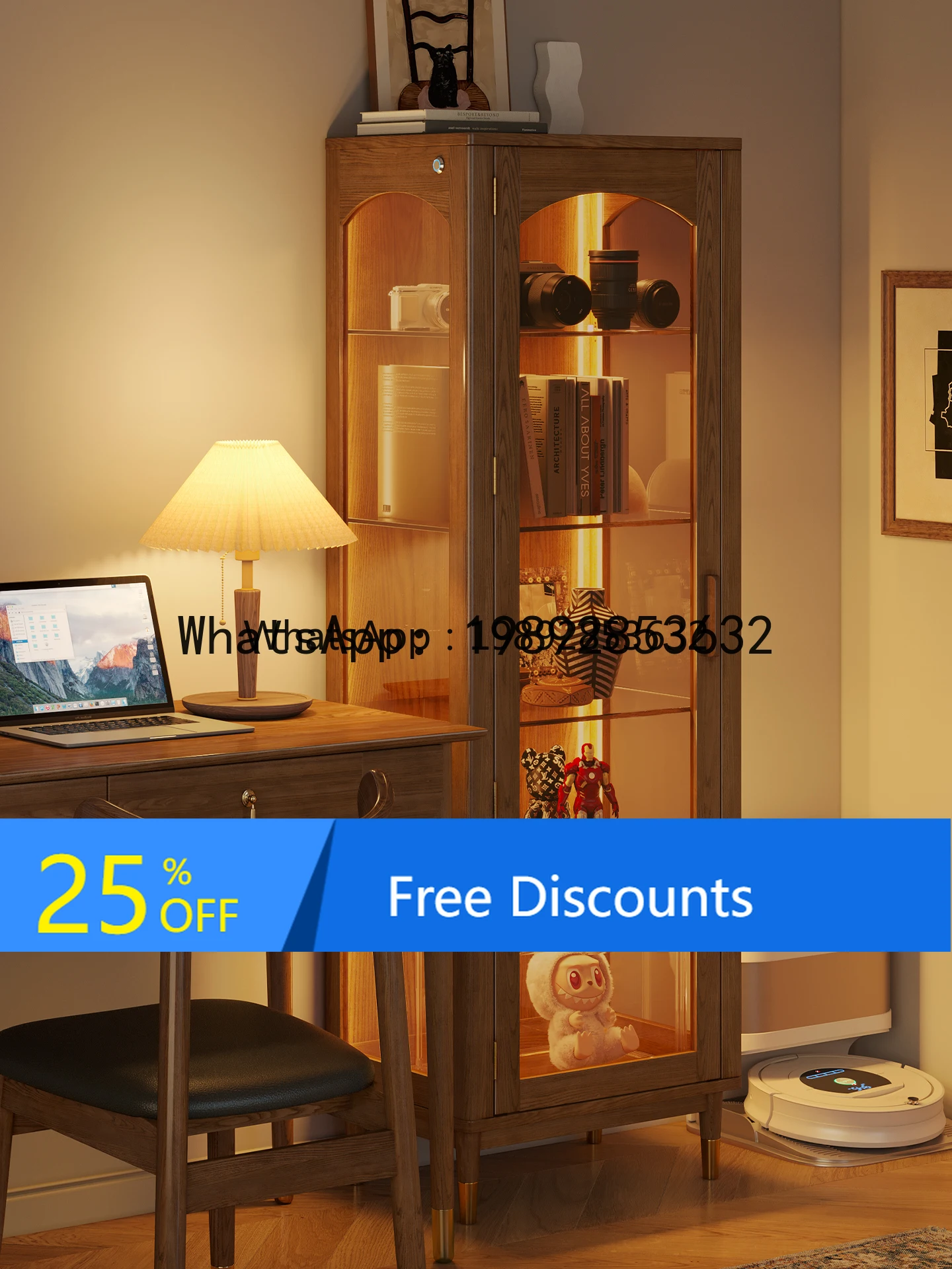 

Black Walnut Solid Wood Display Cabinet for Living Room with Transparent Glass, Vintage Style Figurine Home Wine Cabinet