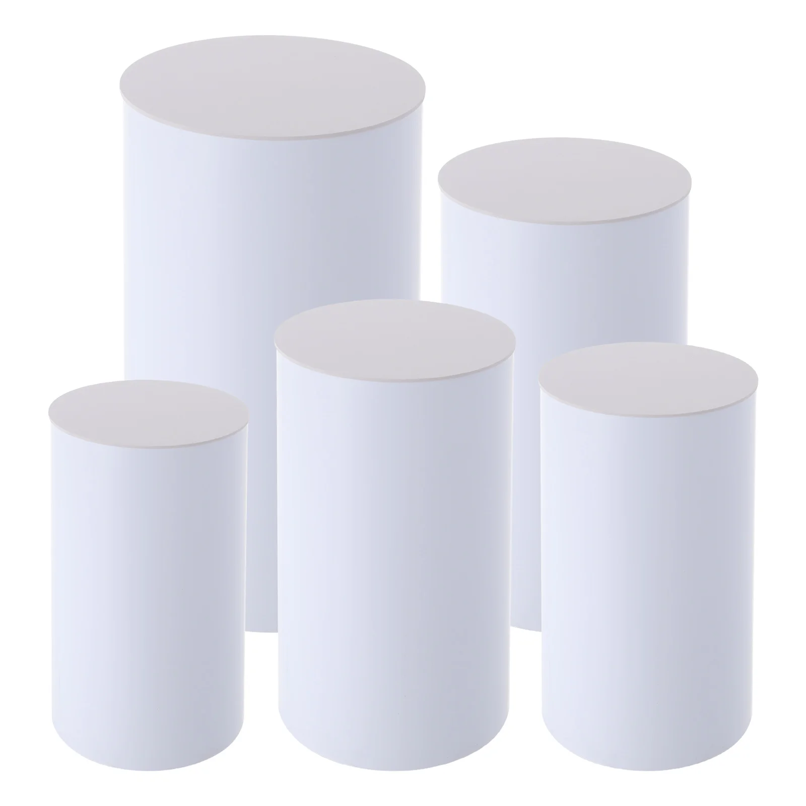 

5Pcs White Acrylic Wedding Round Cylinder Stands 72.75LBS Load Freestanding for Cake Flowers Party Decor Stackable Easy Assembly