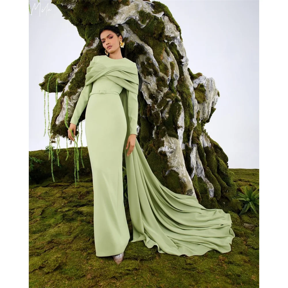 

Mila Green Long Sleeve Simple Prom Dress Customized Shawl O-Neck Luxurious Evening Woman Dresses Floor-Length vestidos de fiesta
