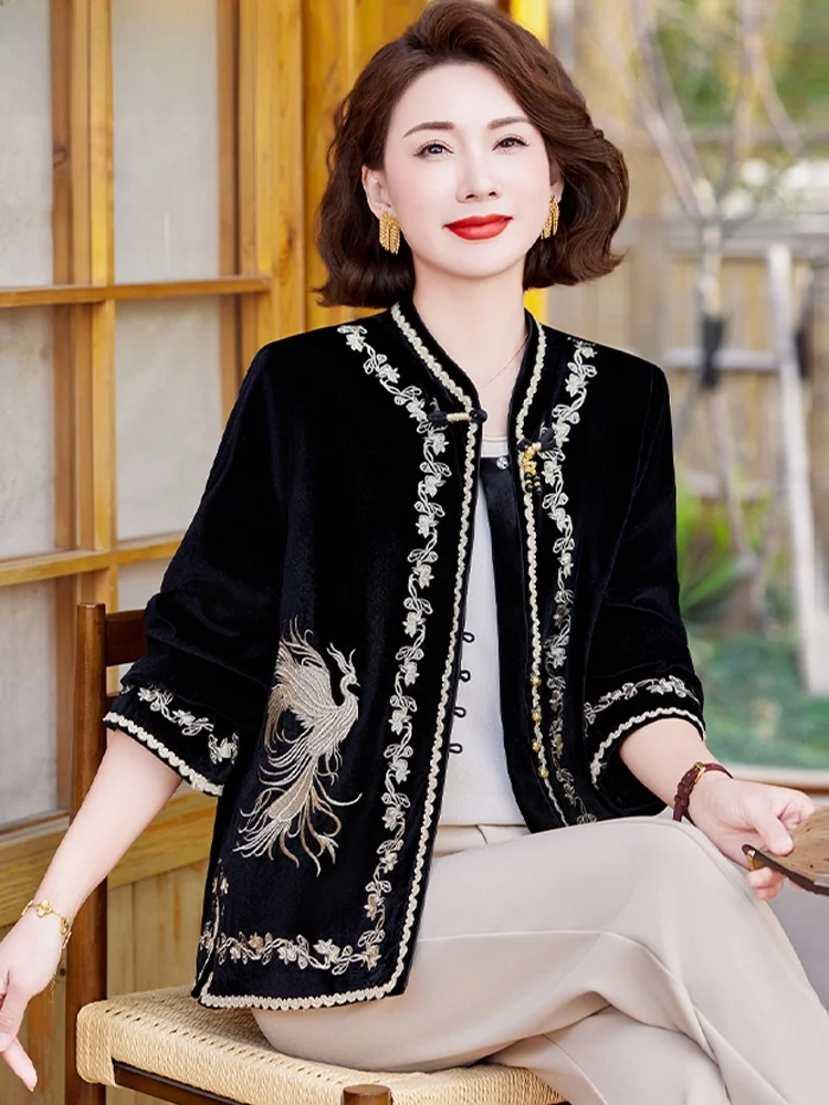

Модный бархатный весенний жакет для женщин среднего возраста, новый китайский кардиган в стиле Тан, расшитый, с открытым передом