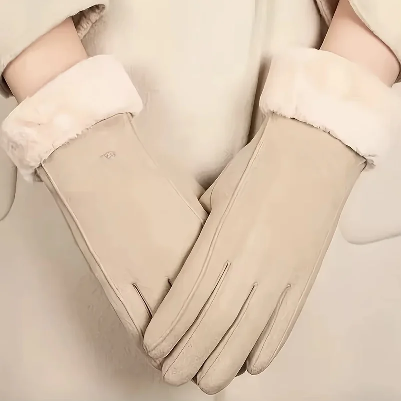 Comfortable Beige Touchscreen Gloves with Plush Lining-Providing Thick and Warm Winter Protection for Outdoor Leisure