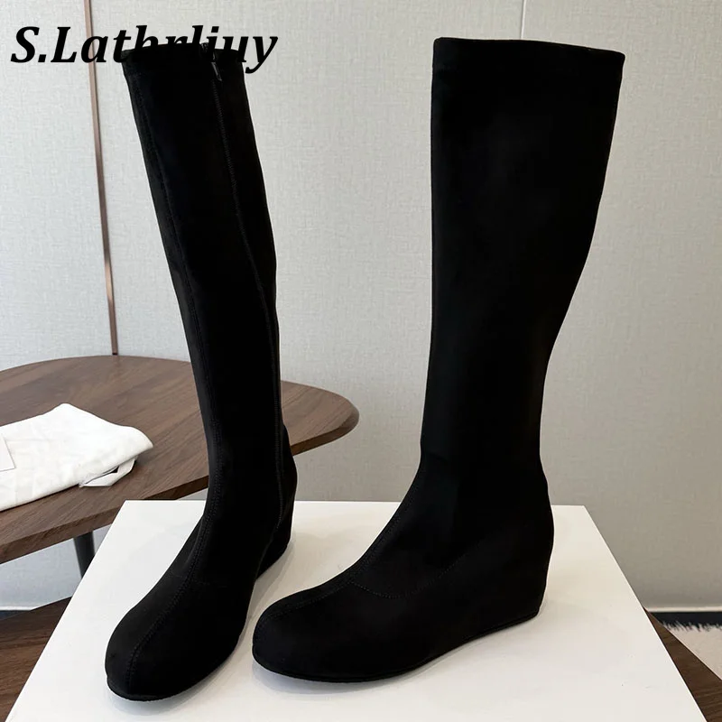 2026 Autumn/Winter New Women's Long Leather Slope Heel Round Head Solid Color Long Boots Casual Versatile Commuter Boots