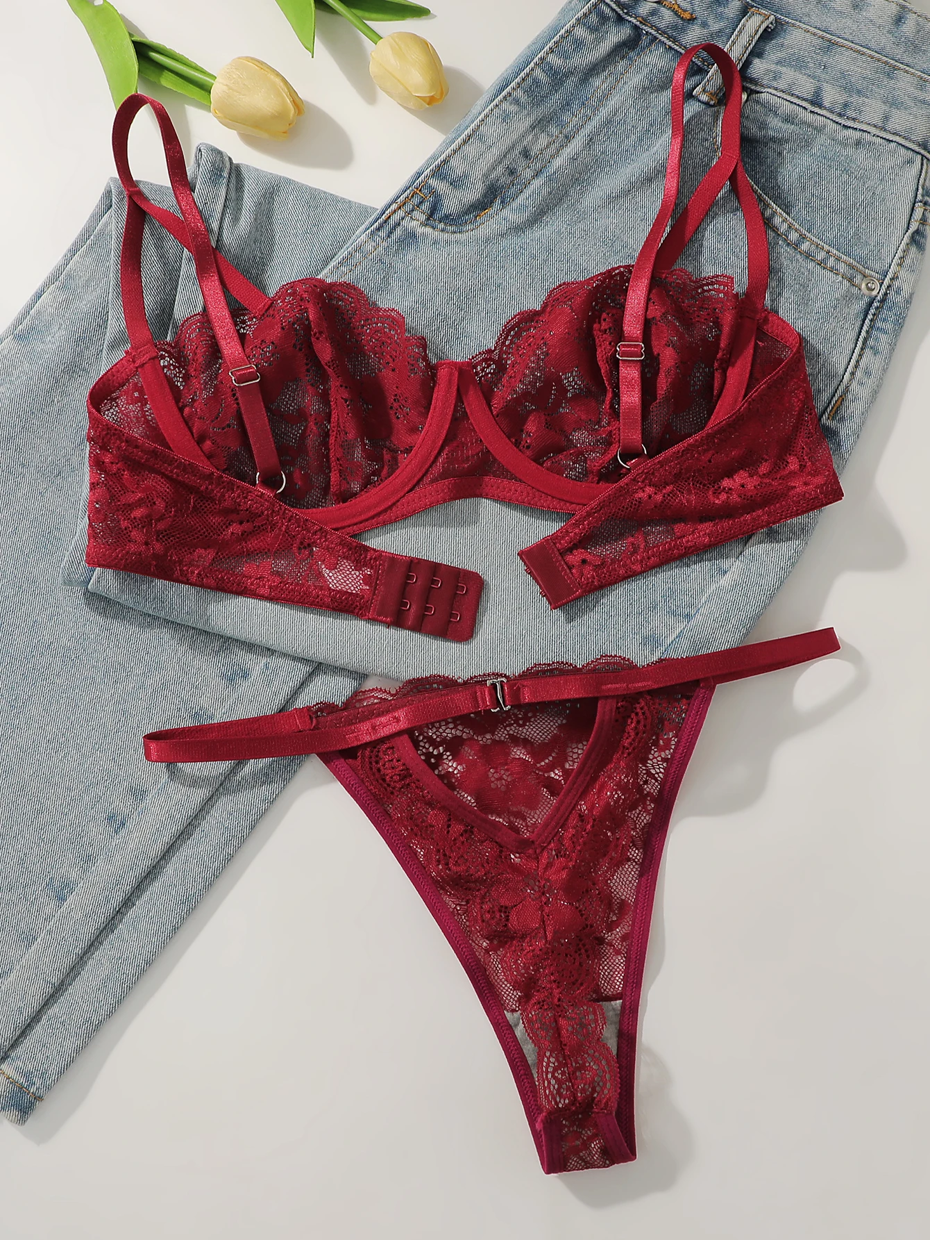 Sexy Red Lace Bra Set with Underwire No Padding Push Up Deep Plunge Bralette & G-String Panties for Women Valentine Lingerie